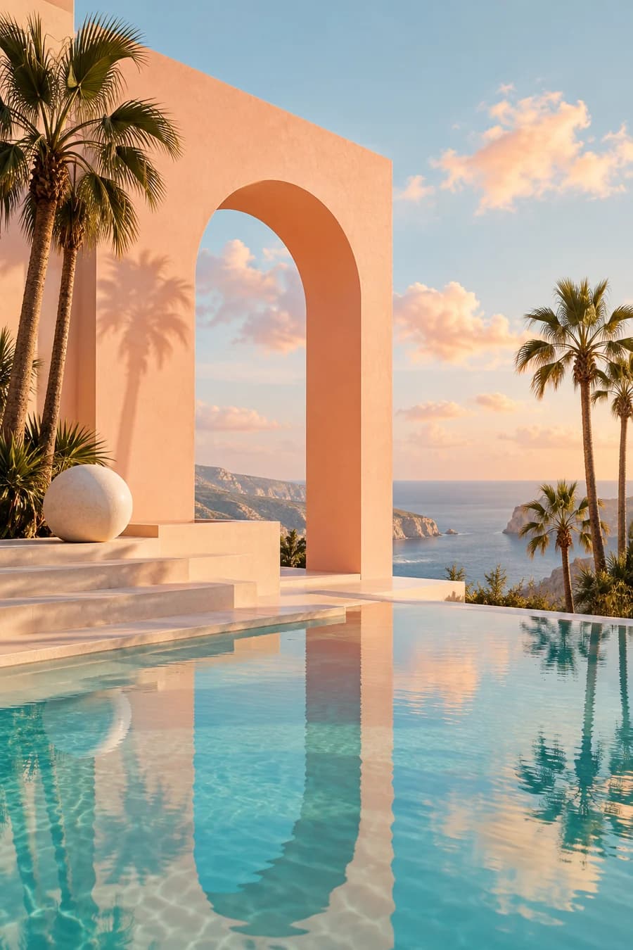Arco color durazno y palmeras junto a una piscina