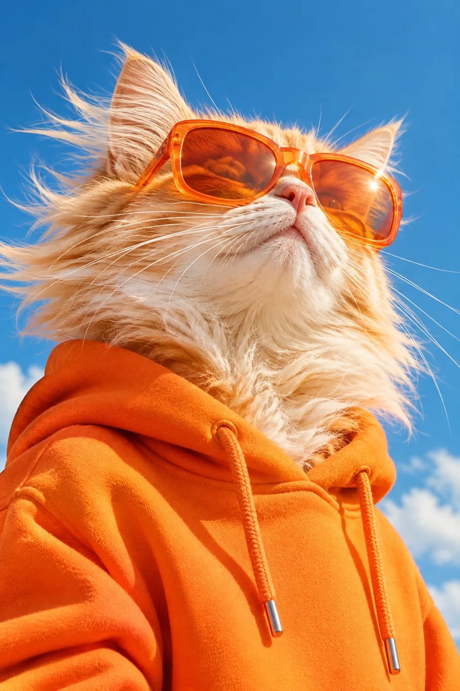 Gato con gafas de sol y sudadera naranjas