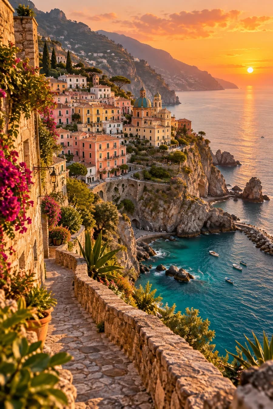 Pueblo costero de colores al atardecer