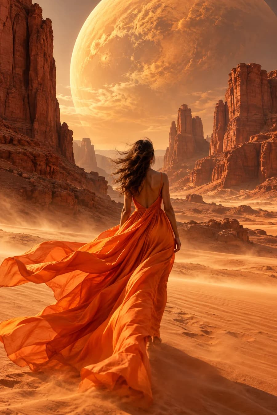 Mujer con vestido naranja en un desierto surrealista