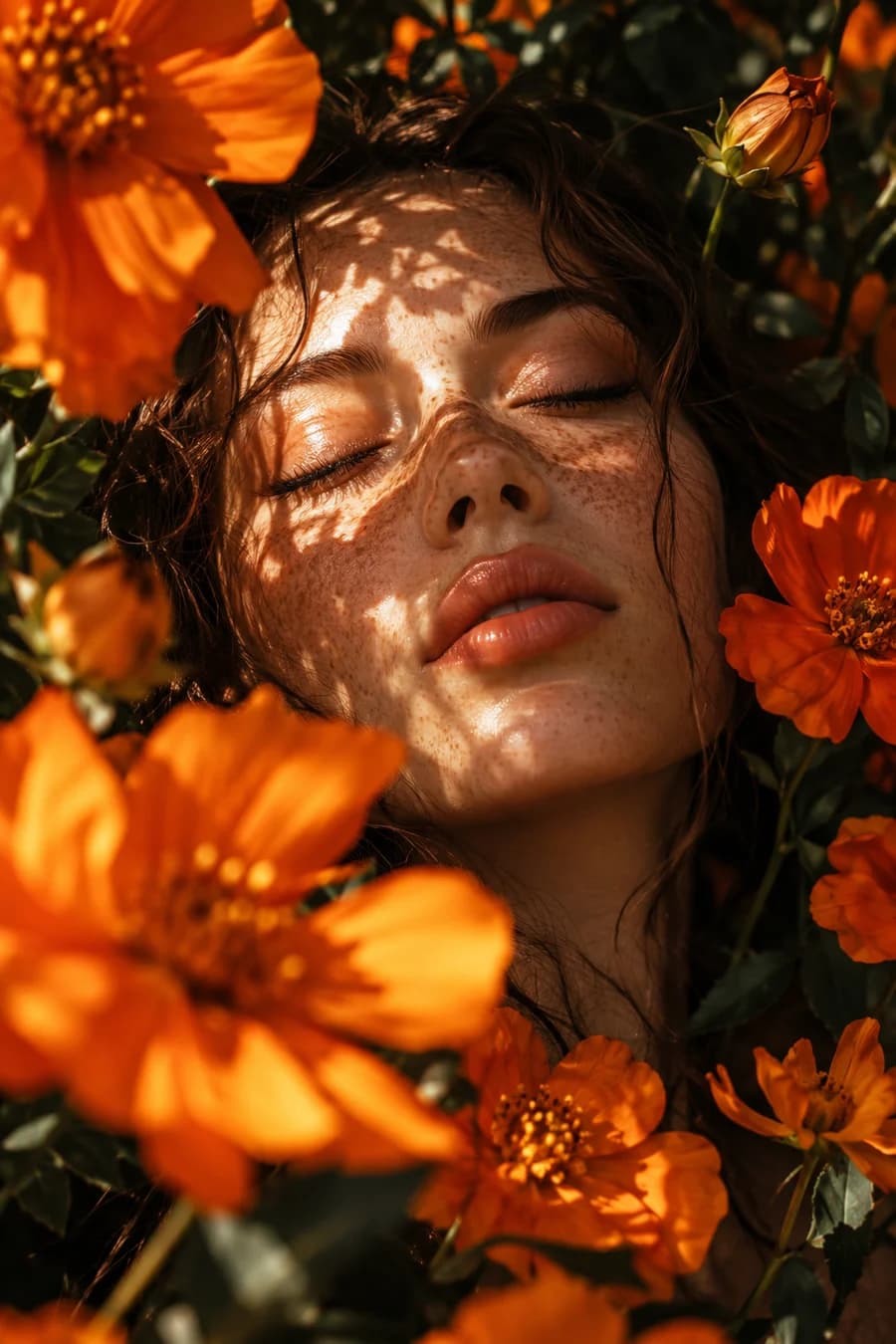 Retrato al sol entre flores naranjas