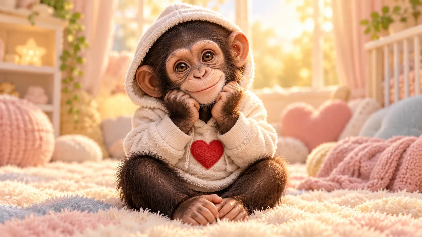 Baby chimpanzee wearing a hoodie with a red heart