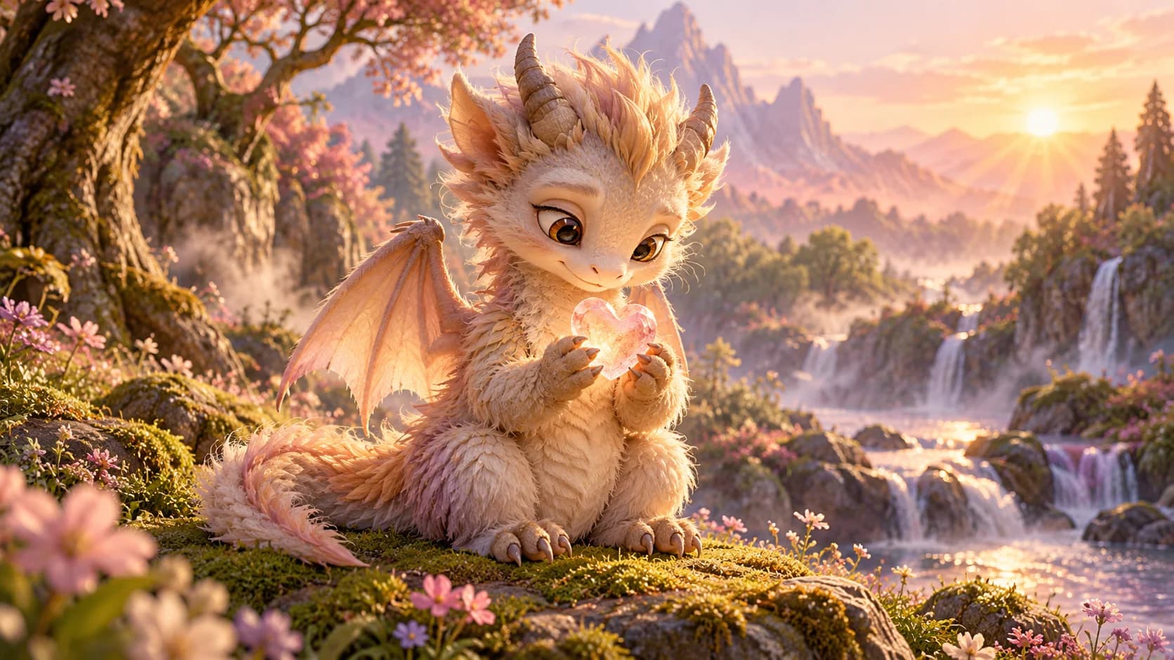 Fluffy baby dragon holding a glowing heart in a pastel forest