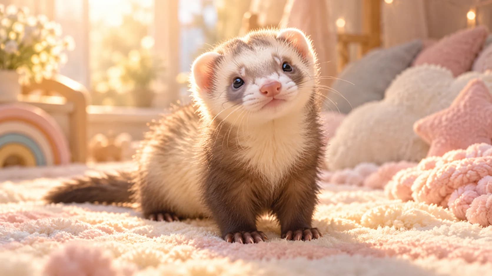 Fluffy baby ferret in warm morning light