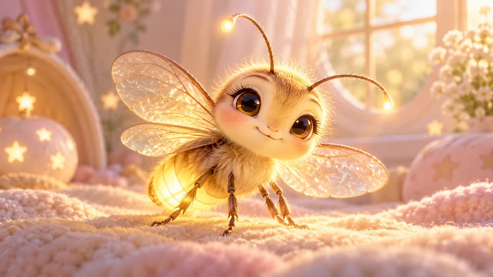 Fluffy glowing baby firefly in a pastel nursery