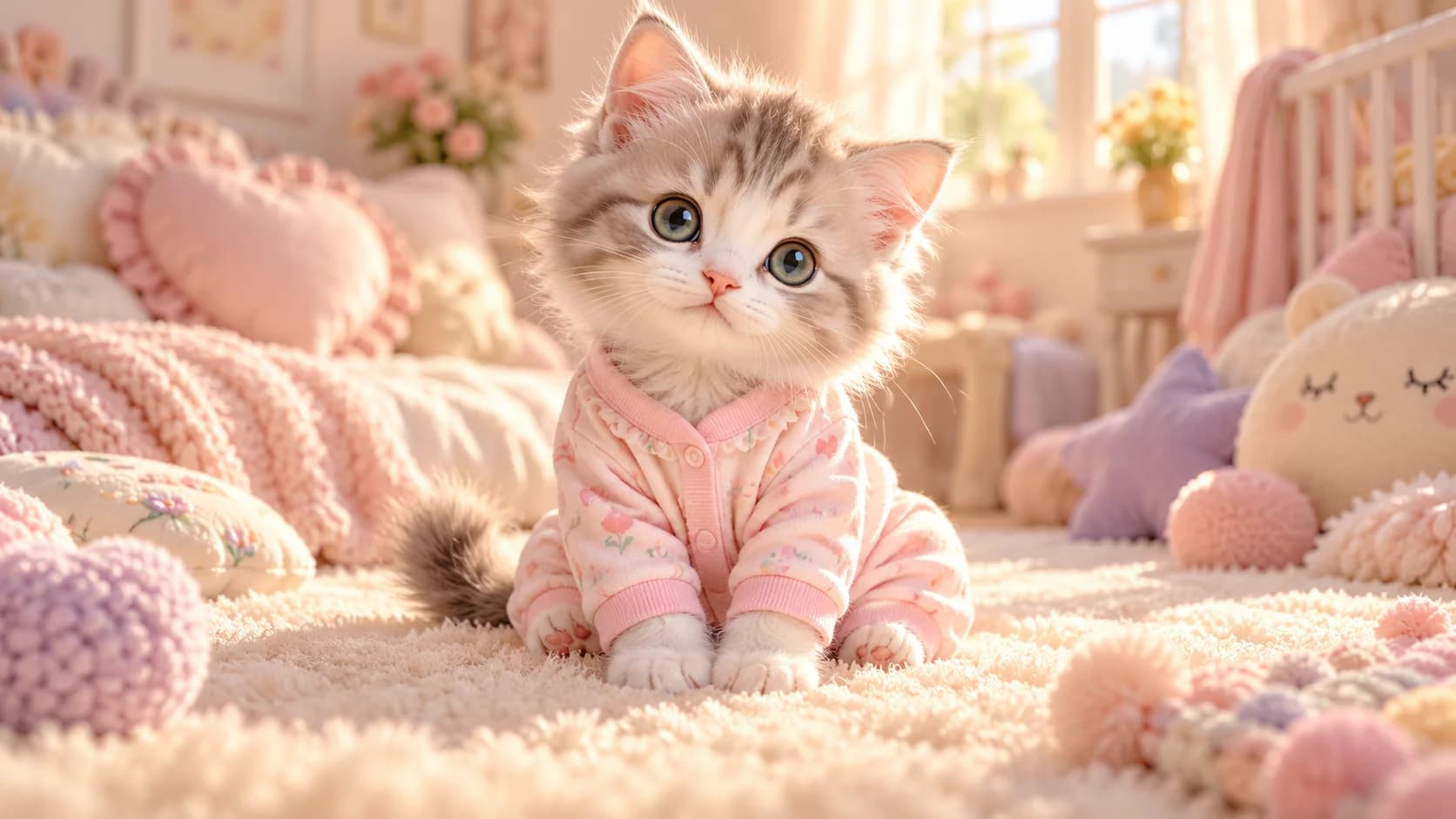 Baby kitten in a pastel onesie in a sunlit nursery