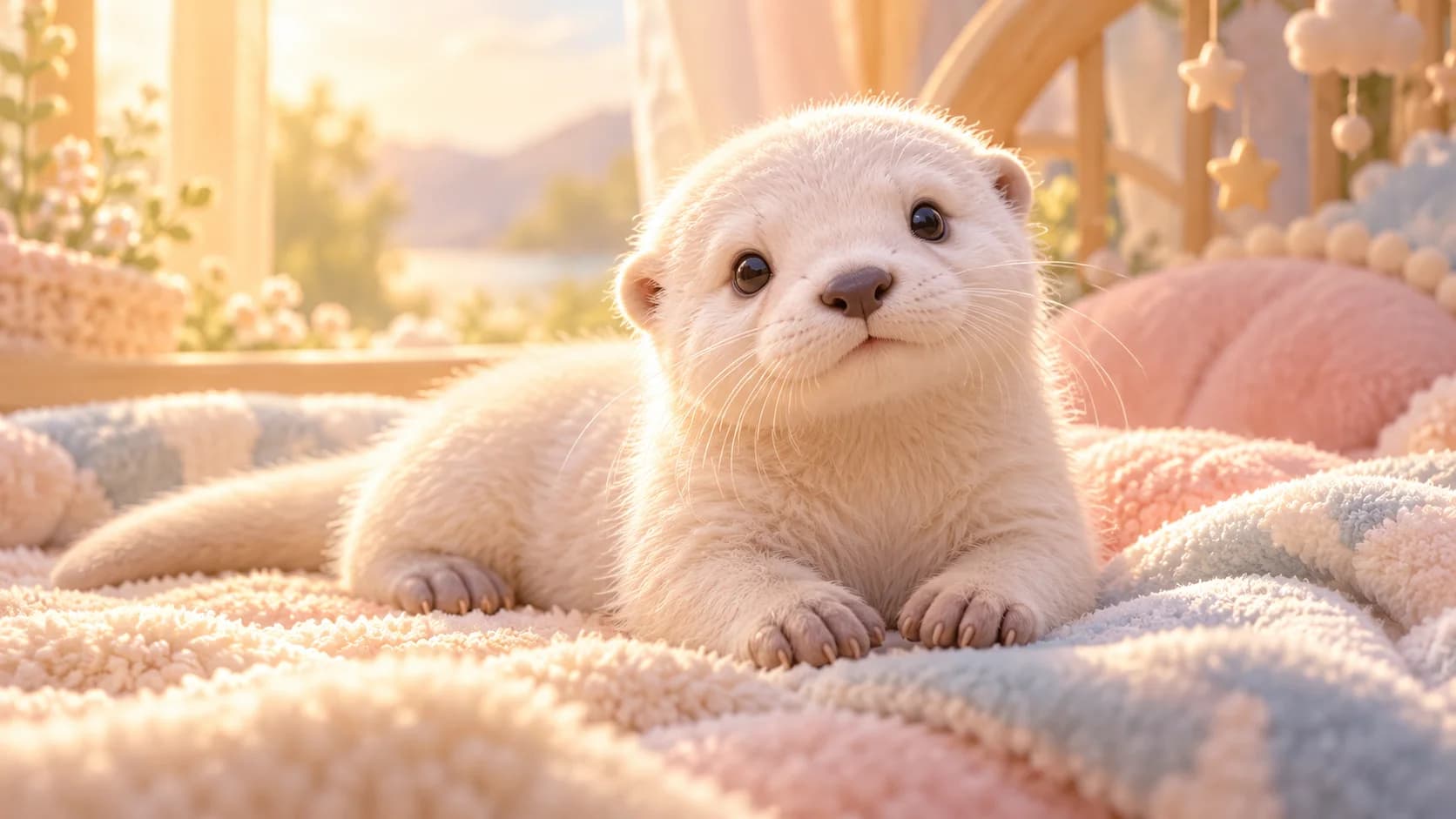 White baby otter resting in a pastel nursery