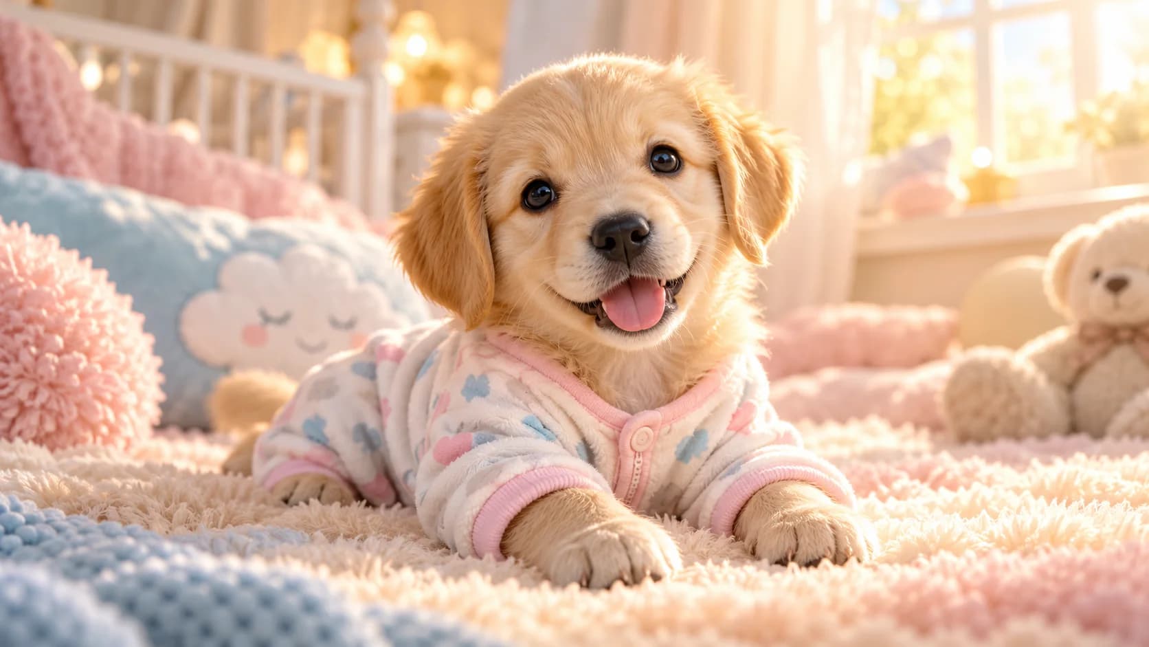 Baby puppy in a pastel onesie in a sunlit nursery