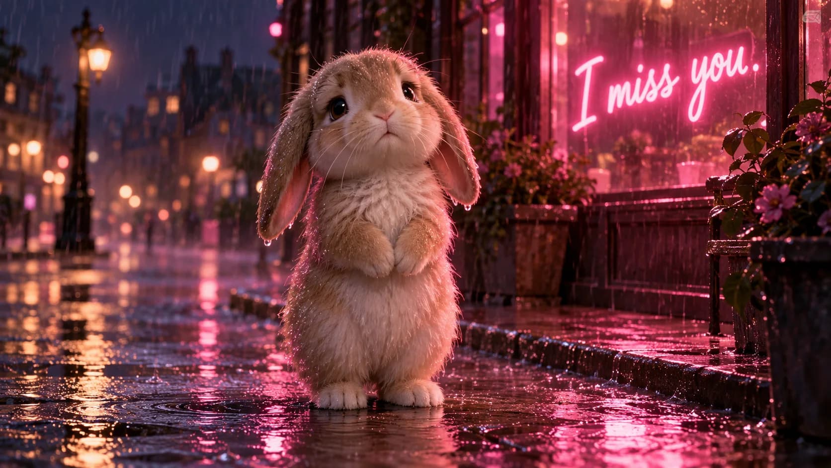 Fluffy baby rabbit in the rain beside a pink neon sign