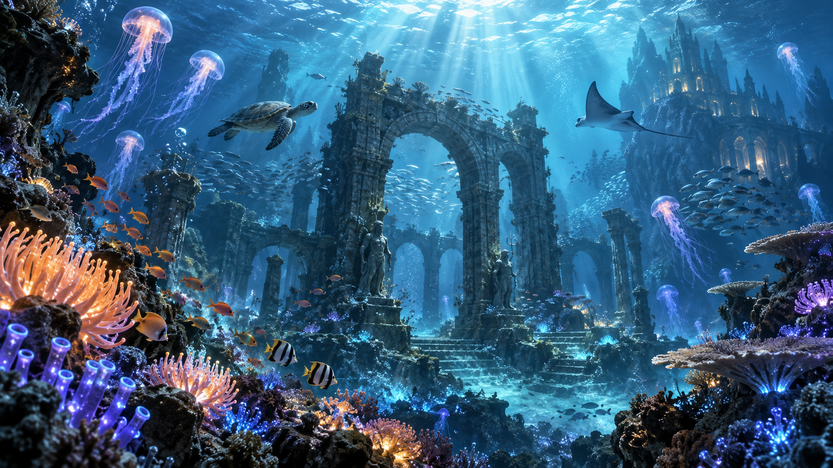 Bioluminescent underwater ruins and marine life