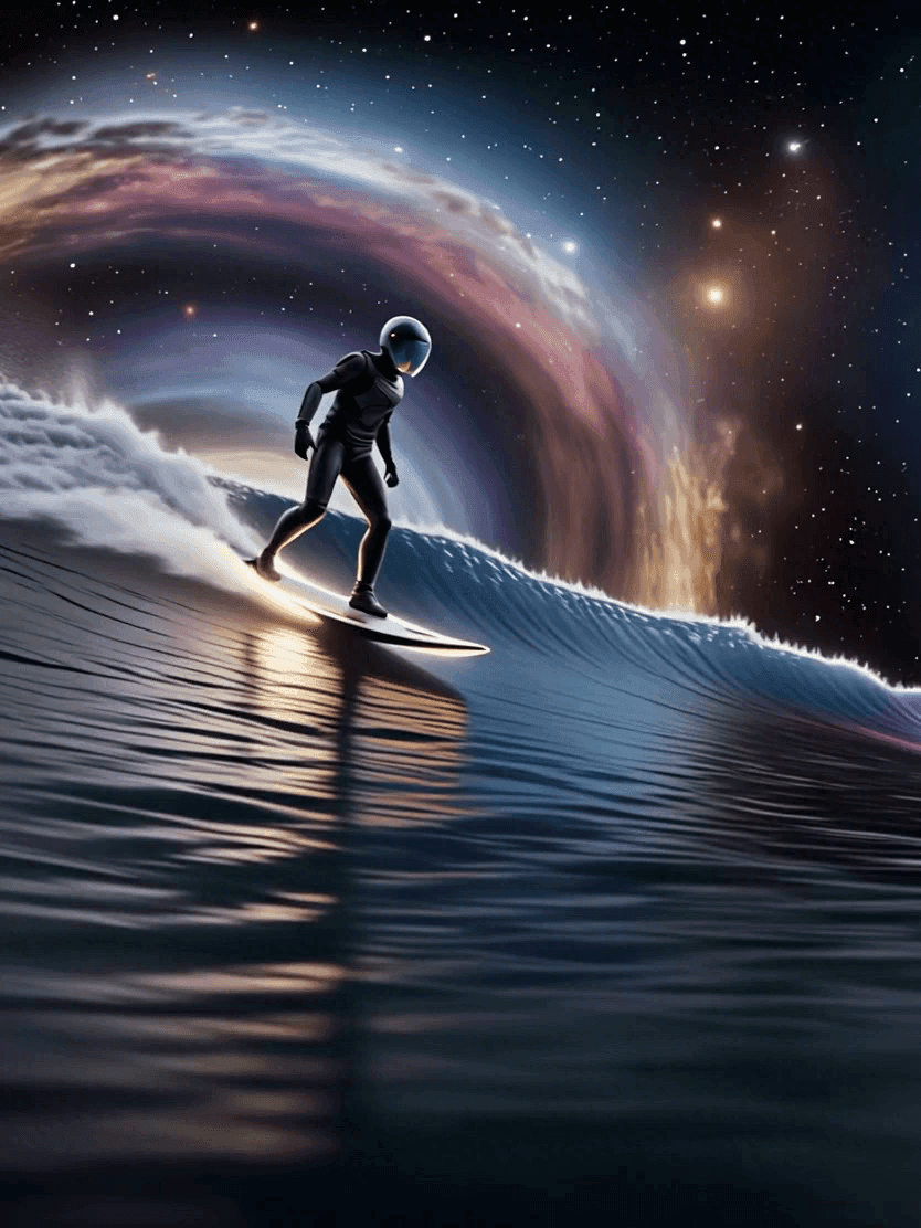Surfer riding a luminous cosmic wave