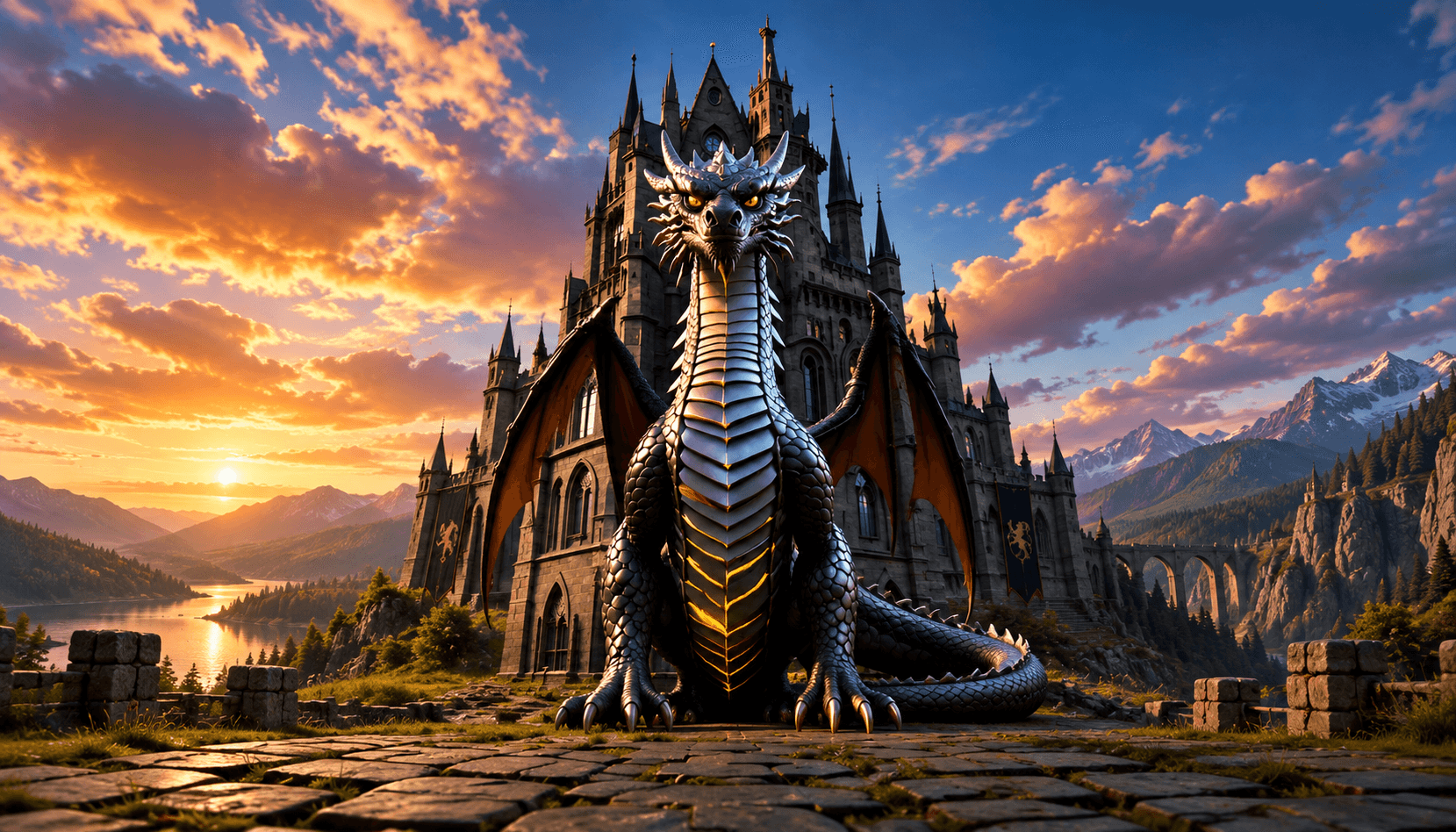 Dragon flying through an epic ancient realm