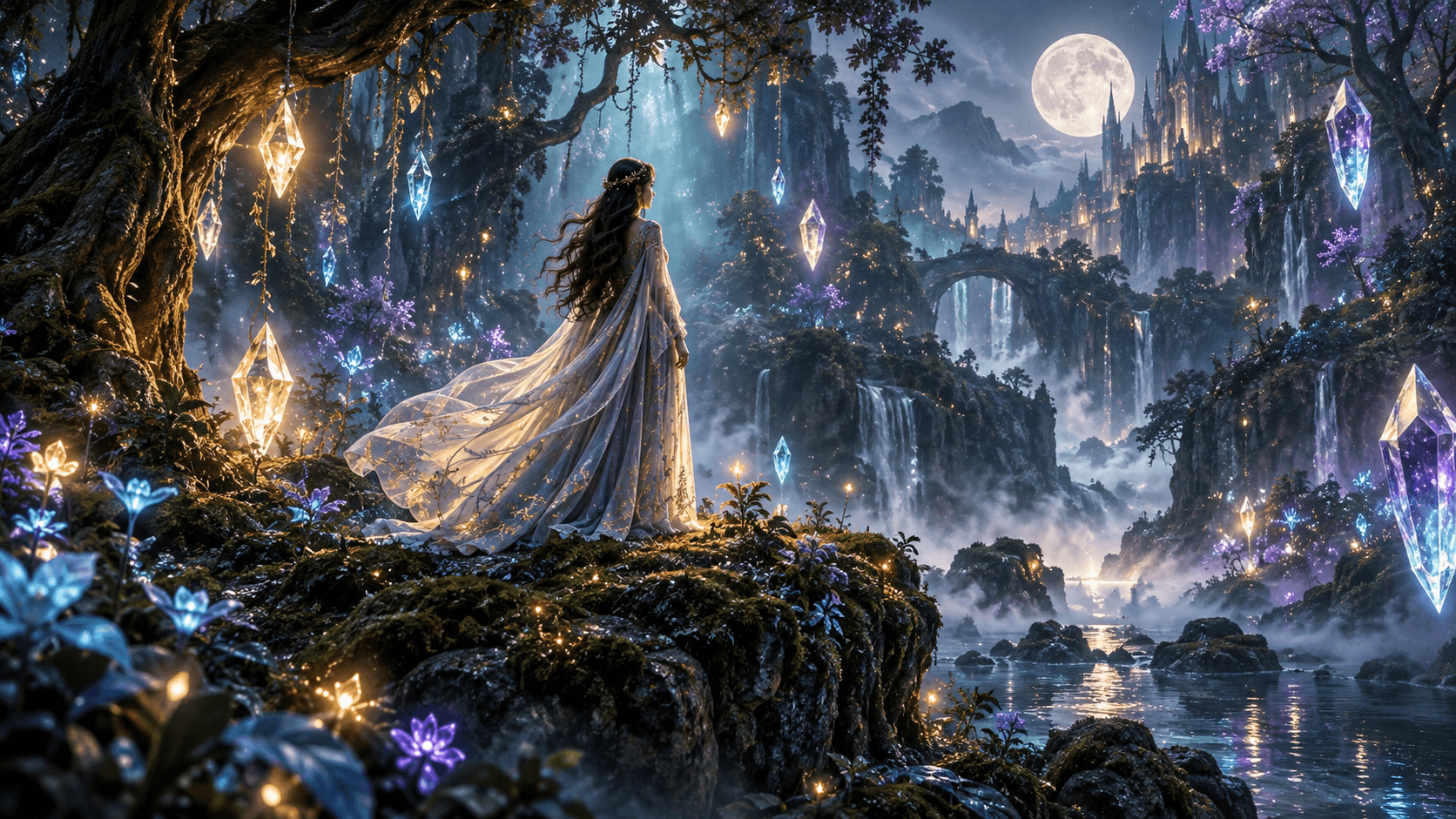 Mystical figure in an enchanted luminous world