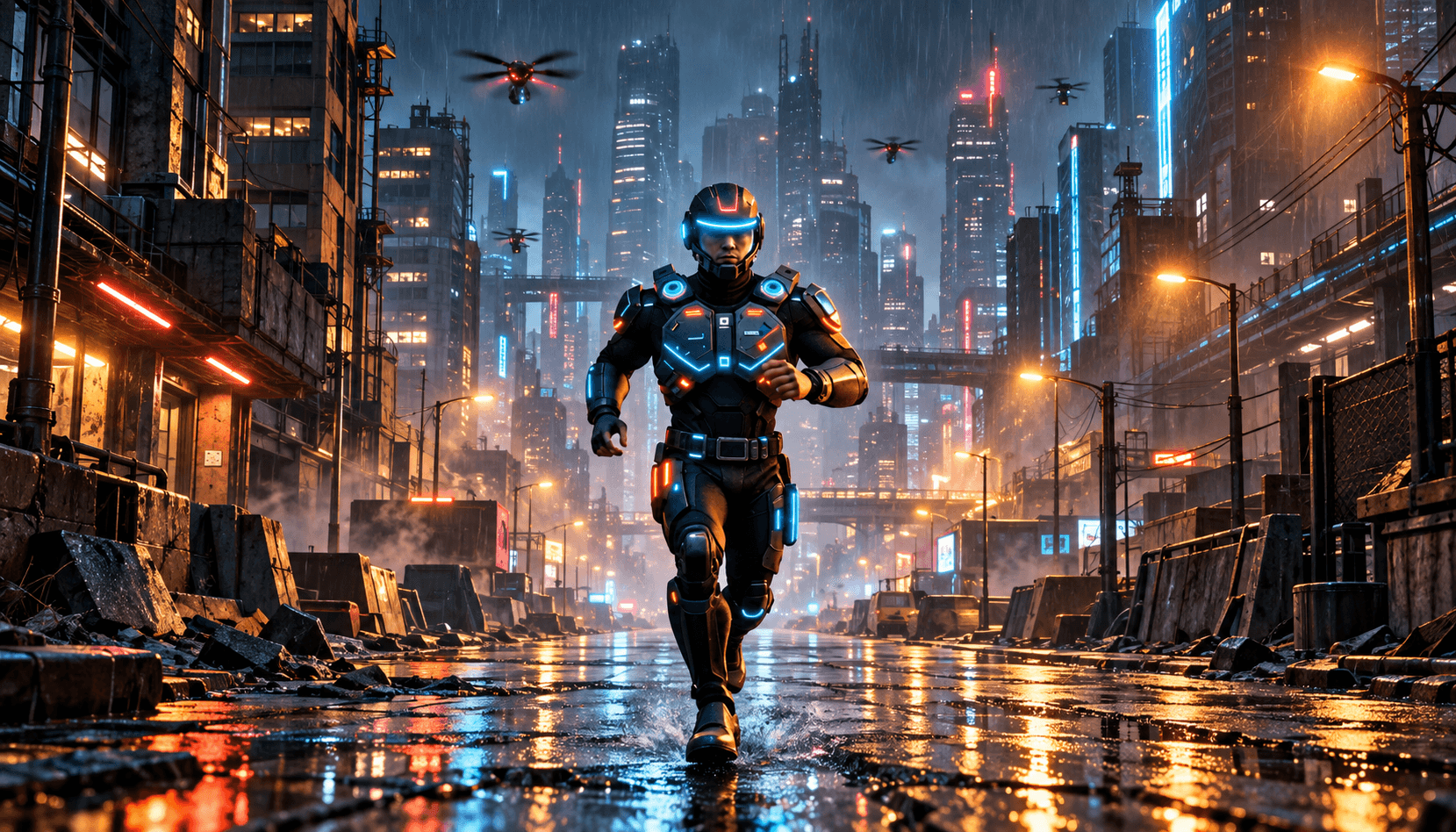 Futuristic armored runner in a neon city