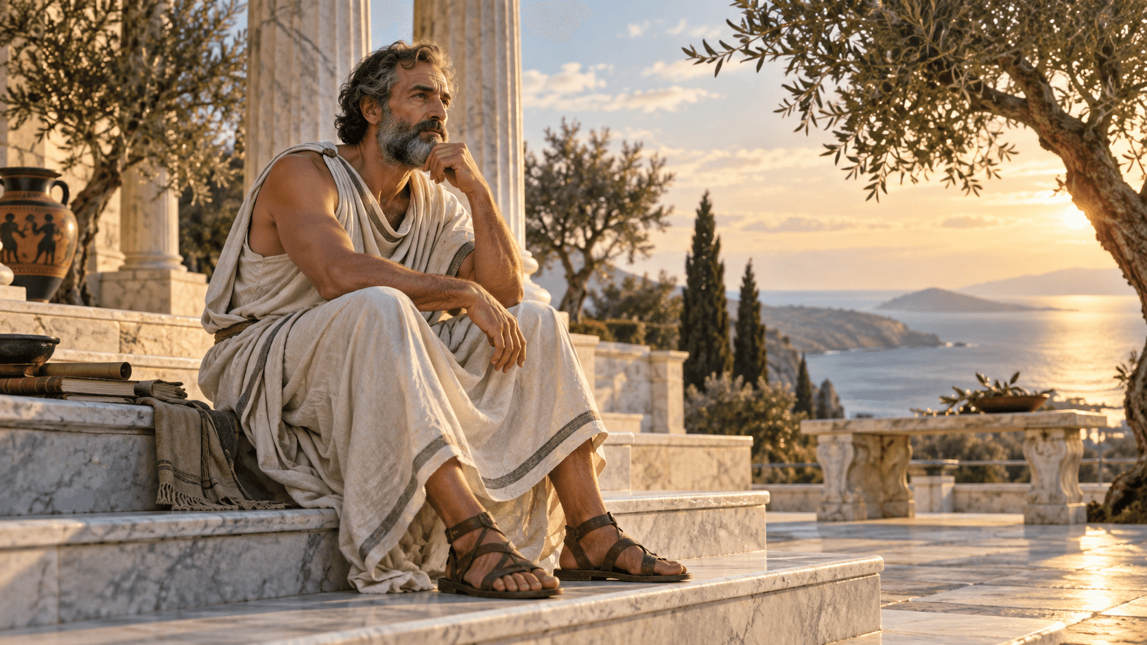 Ancient Greek philosopher contemplating beside the sea