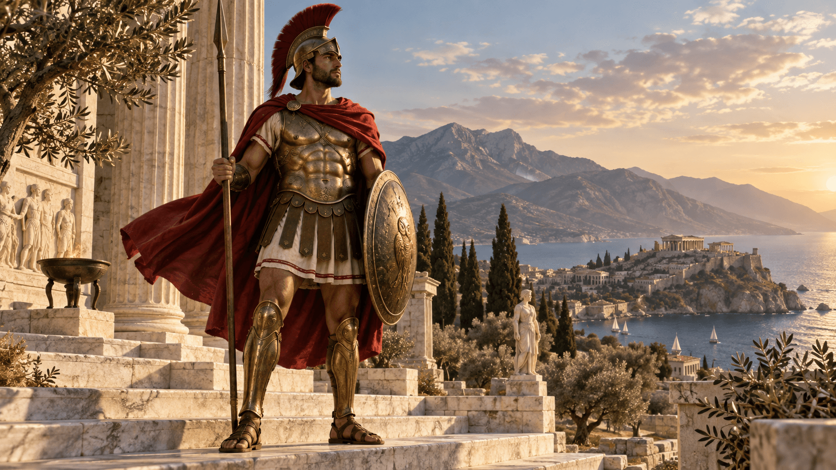 Ancient Greek warrior overlooking a classical coast