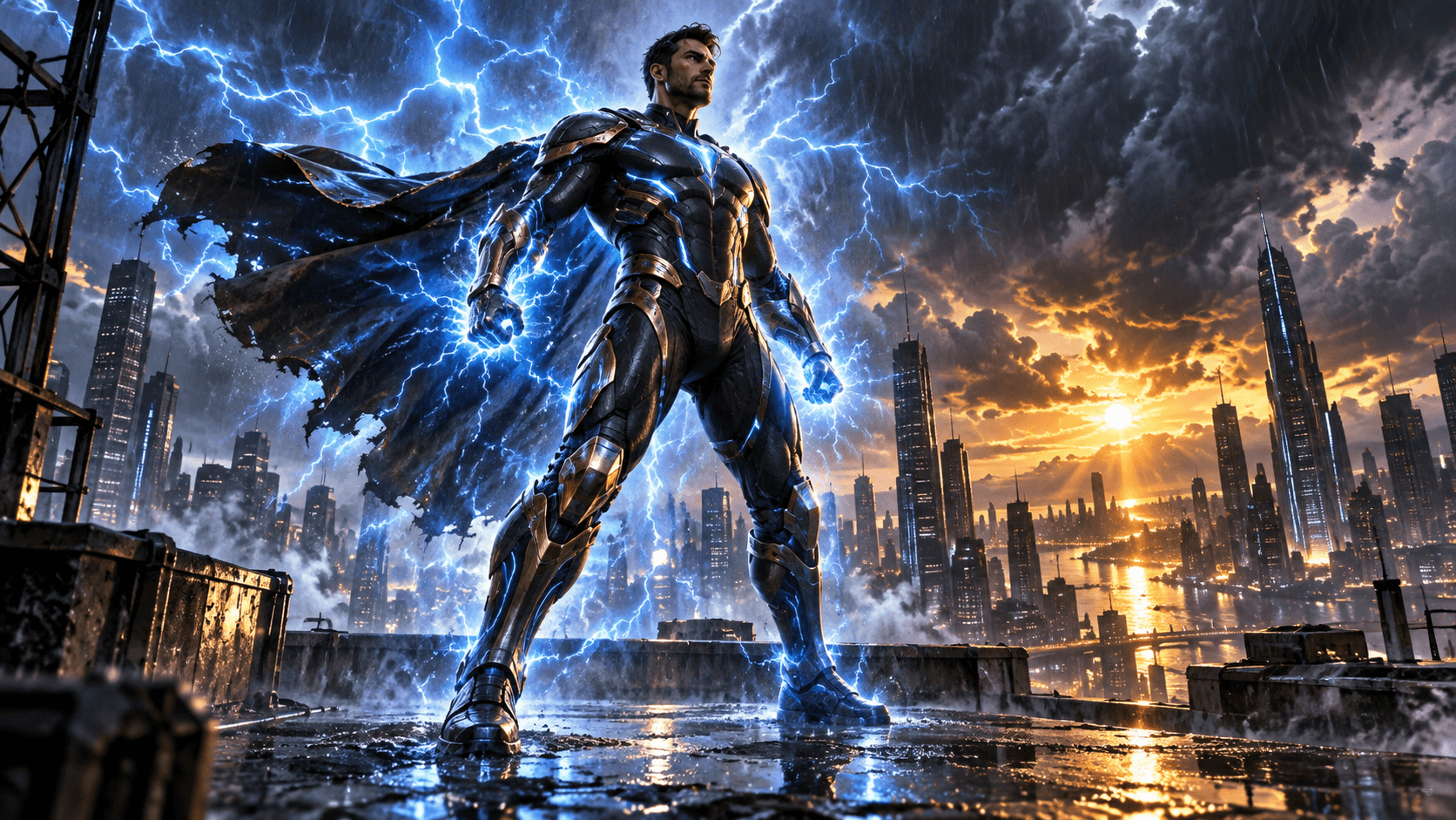 Futuristic superhero surrounded by electric energy