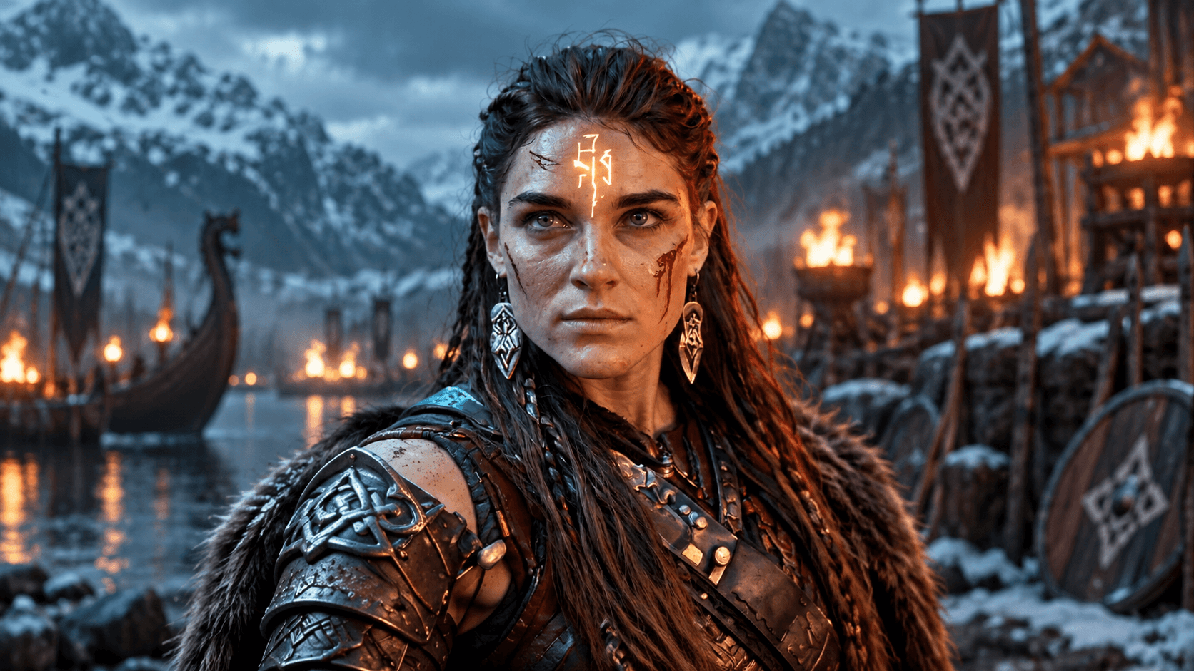 Viking warrior woman in a cinematic Nordic landscape